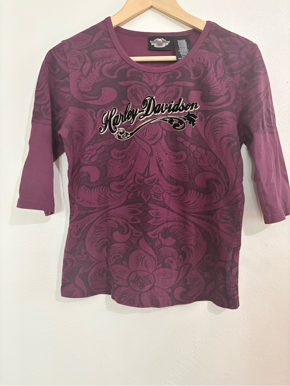 Vintage Harley Davidson Printed Purple 3/4 Sleeve Top Size S Made in USA